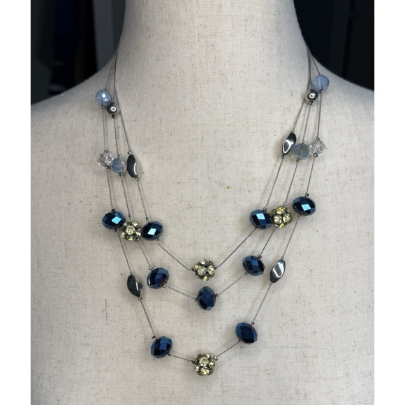 Blue and Clear Glass Faceted Multi-Strand Necklace Silver Tone 22”- 25" Vintage - Picture 9 of 10